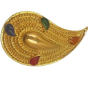 Vintage Gold Tone Paisley With Stones Brooch/Pin